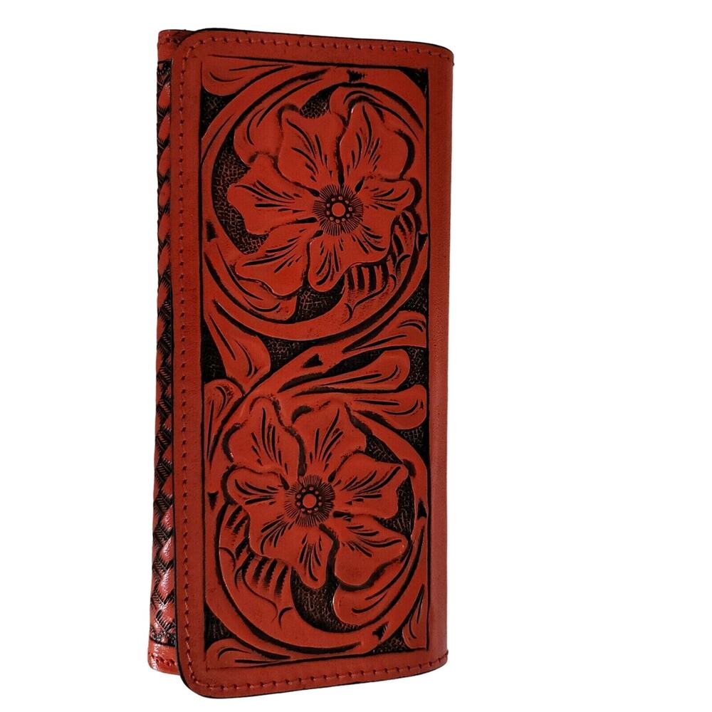 Hand tooled leather wallet trifold Red 7 1/2"x 4" BOHO Chic Mexican Artisan